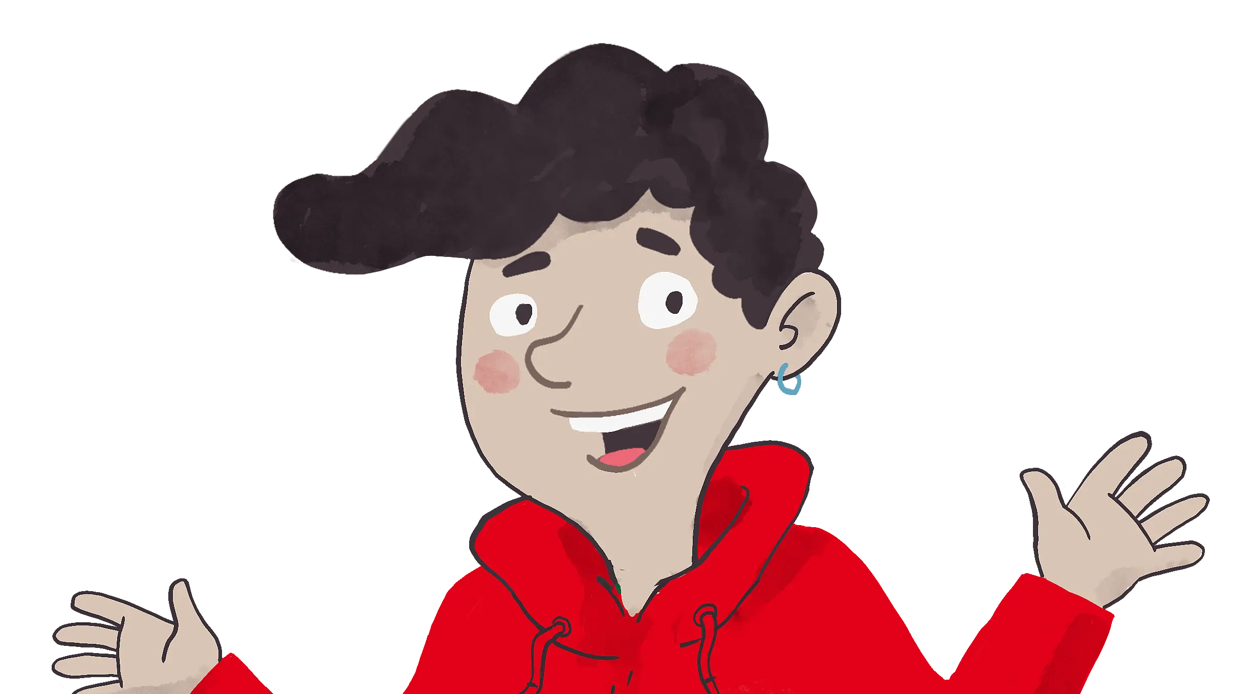 Eine diverse Person lacht und winkt mir zu.