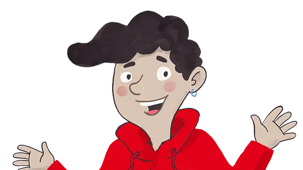 Eine diverse Person lacht und winkt mir zu.